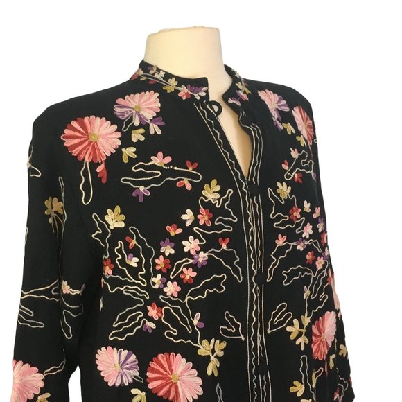 Boston Proper Black Floral Embroidered Sweater Jacket, Blazer, Mandarin Collar M - Picture 4 of 9